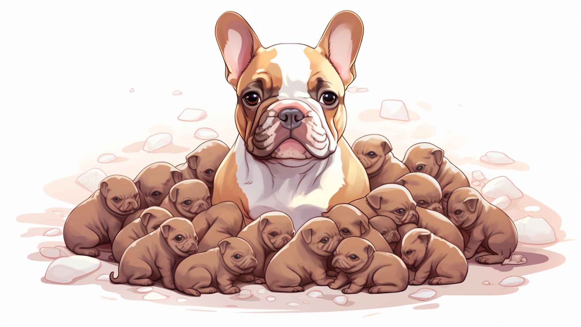 An illustration showcasing a resting micro bully with a transparent overlay of tiny puppy silhouettes in her belly, signifying her pregnancy state.