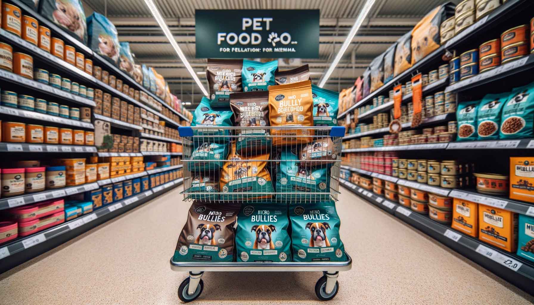 Metal grocery cart overflowing with a selection of premium dog food brands for Micro Bullies, set against the pet food section in a supermarket.