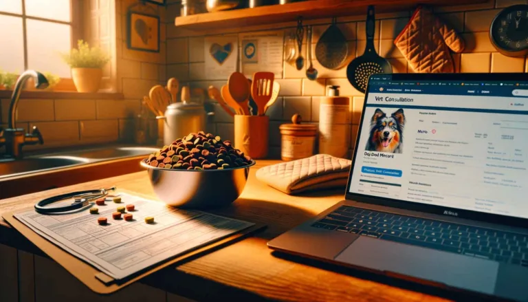 Bright kitchen setting with a bowl of vibrant dog kibble, detailed medical record, and laptop showcasing a veterinarian consultation webpage. Background includes kitchen utensils.