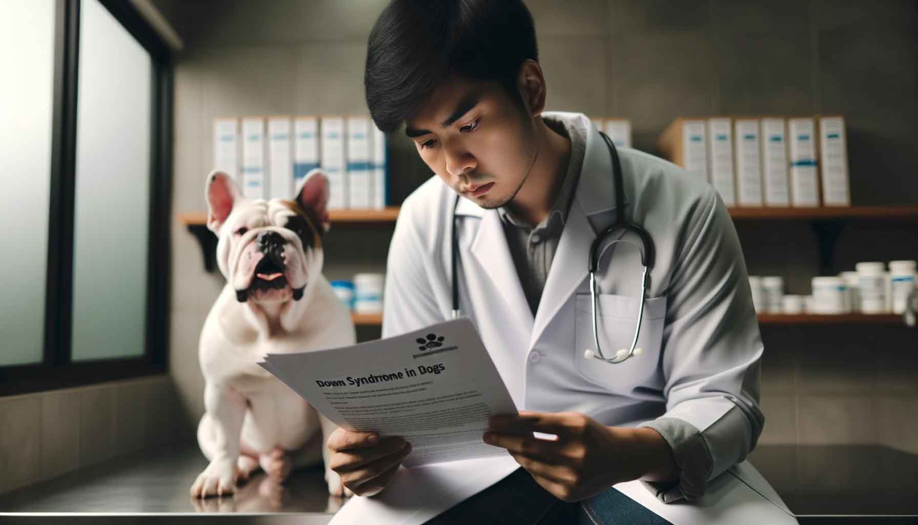 A photograph of an introspective veterinarian, an Asian male, with glasses, deeply engrossed in an informational paper about 'Down Syndrome in Dogs'.