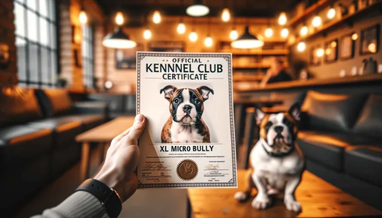 Close-up view of an official kennel club certificate for an XL micro bully, held by a human hand, with the dog blurred in the background.
