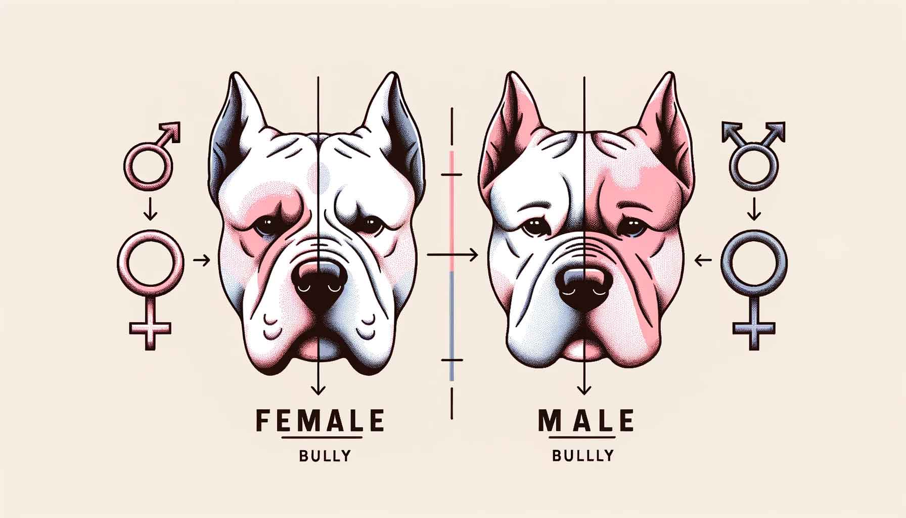 Illustration of a male micro bully on the left and a female micro bully on the right, standing side by side against a gradient background, showcasing their distinct physical characteristics. A title banner at the top reads 'Male vs. Female Micro Bully Differences