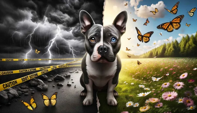 Digital art featuring a close-up of a micro bully with expressive eyes. The background is split, with the left side depicting dark thunder clouds and caution tape, symbolizing misconceptions about the breed. The right side displays a sunny meadow with colorful butterflies, representing the breed's gentle nature.