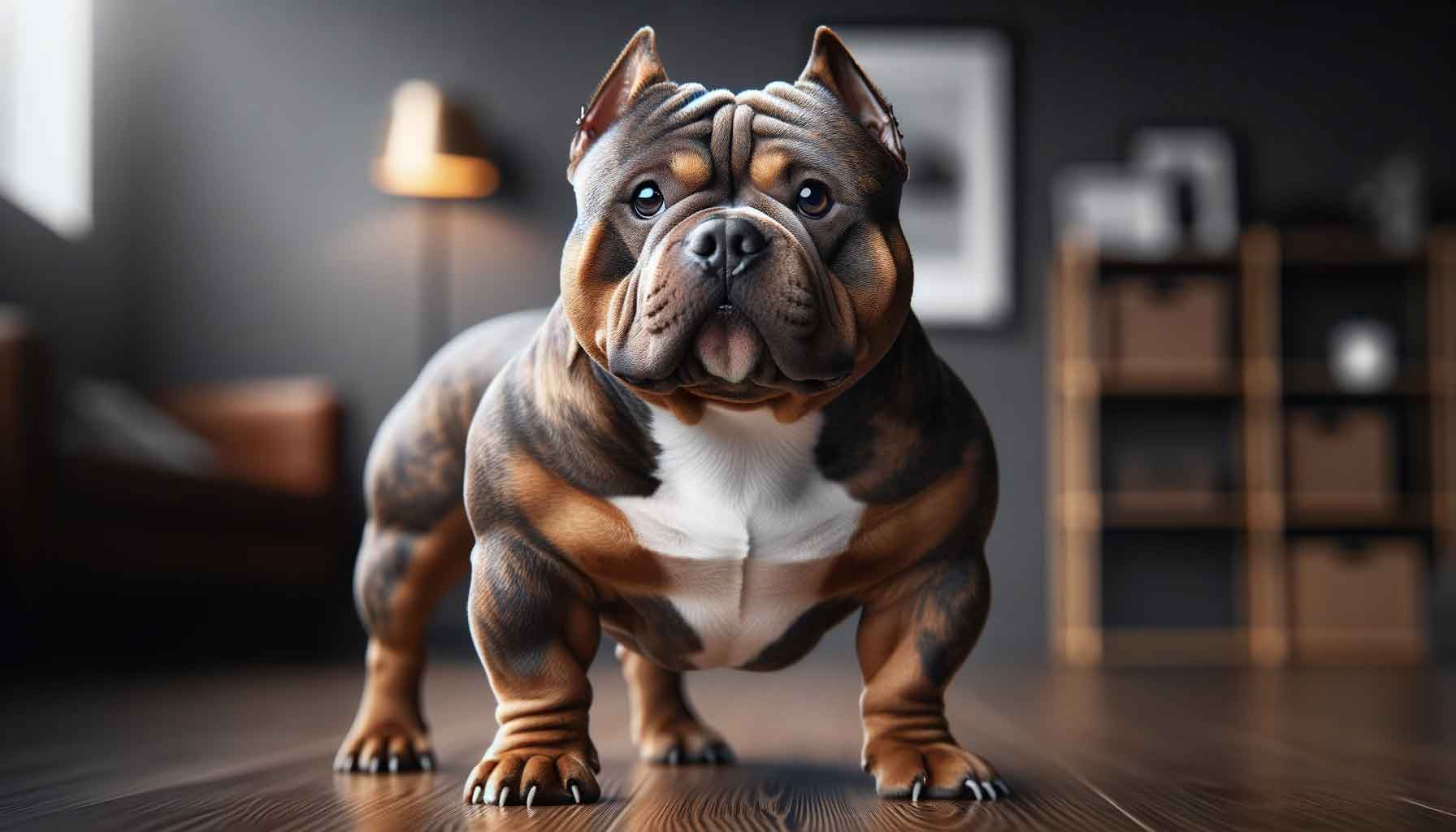 Extreme micro bully with a bulkier build and greater body mass, standing confidently in a well-lit indoor setting.