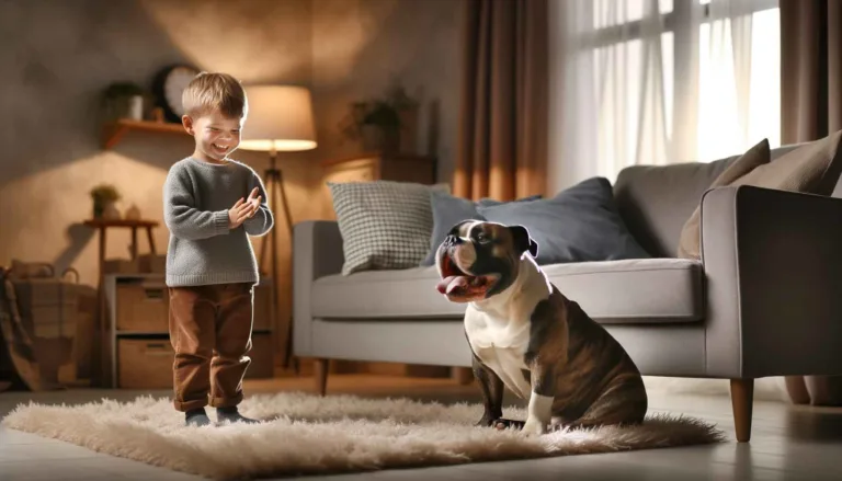 Young child joyfully playing with an XL micro bully in a cozy living room, highlighting the dog's gentle nature.