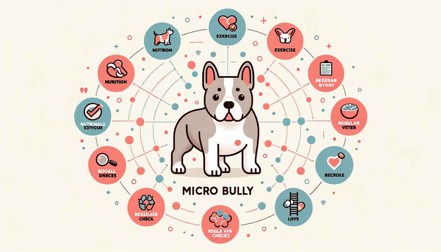 Illustrative timeline depicting a micro bully's progression through life. From left to right, the stages show a playful puppy, an energetic adolescent chasing a ball, and a majestic full-grown dog. Overlaying the timeline are icons of a heart (signifying love), a dog bowl (representing nutrition), a leash (indicating exercise), and calendar pages (symbolizing time)