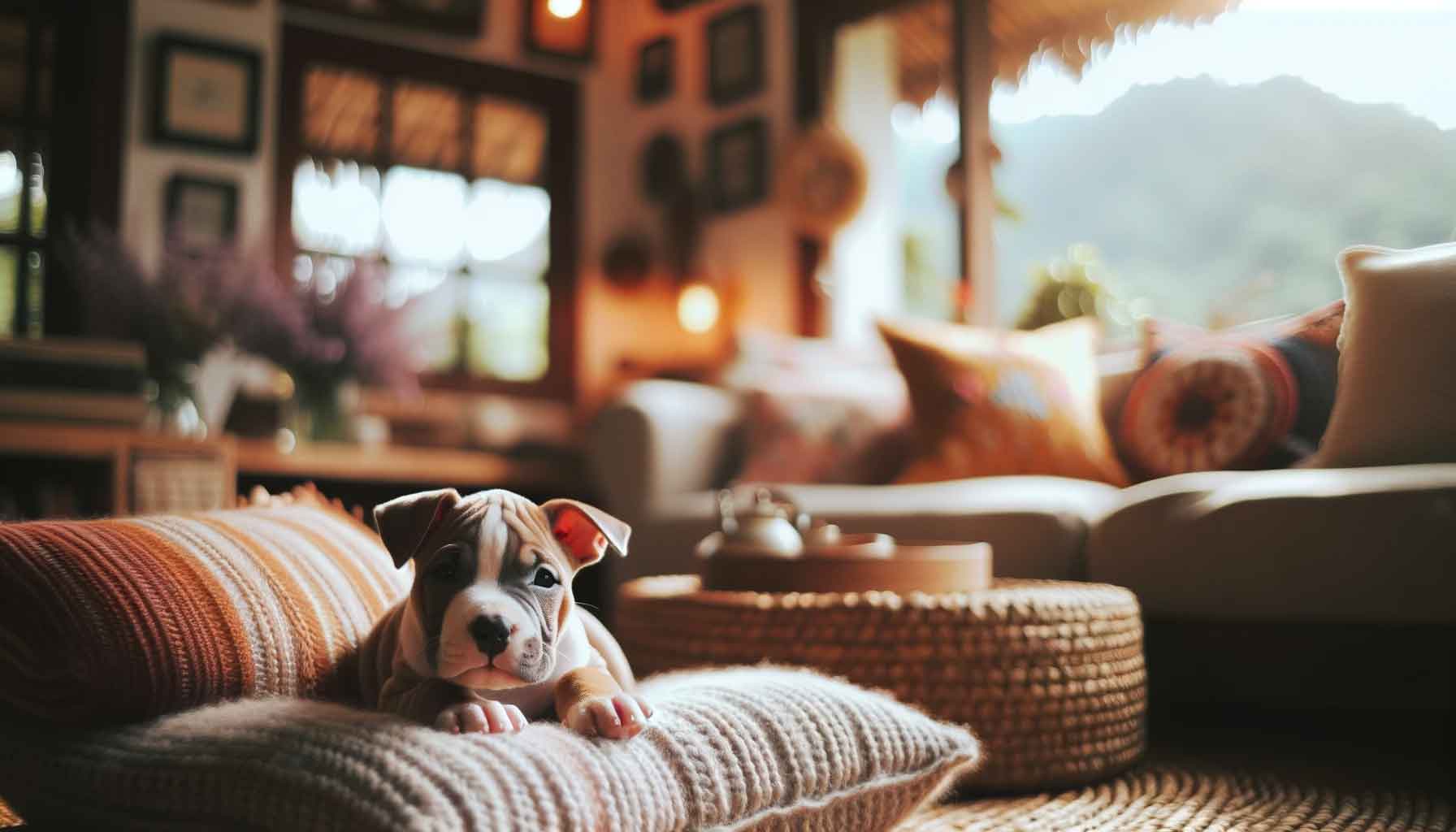 A relaxed micro bully puppy lounging on a plush cushion, set against a cozy domestic backdrop, with sunlight creating a warm and inviting atmosphere.