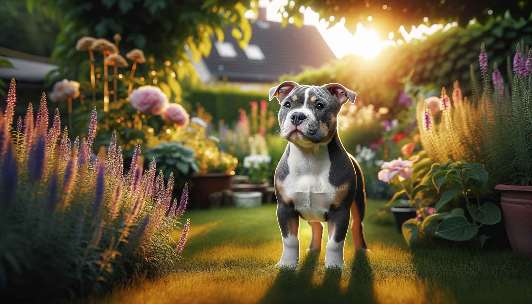 Lilac Tri Micro Bully with a tri-color coat standing in a vibrant garden illuminated by the golden hour light.