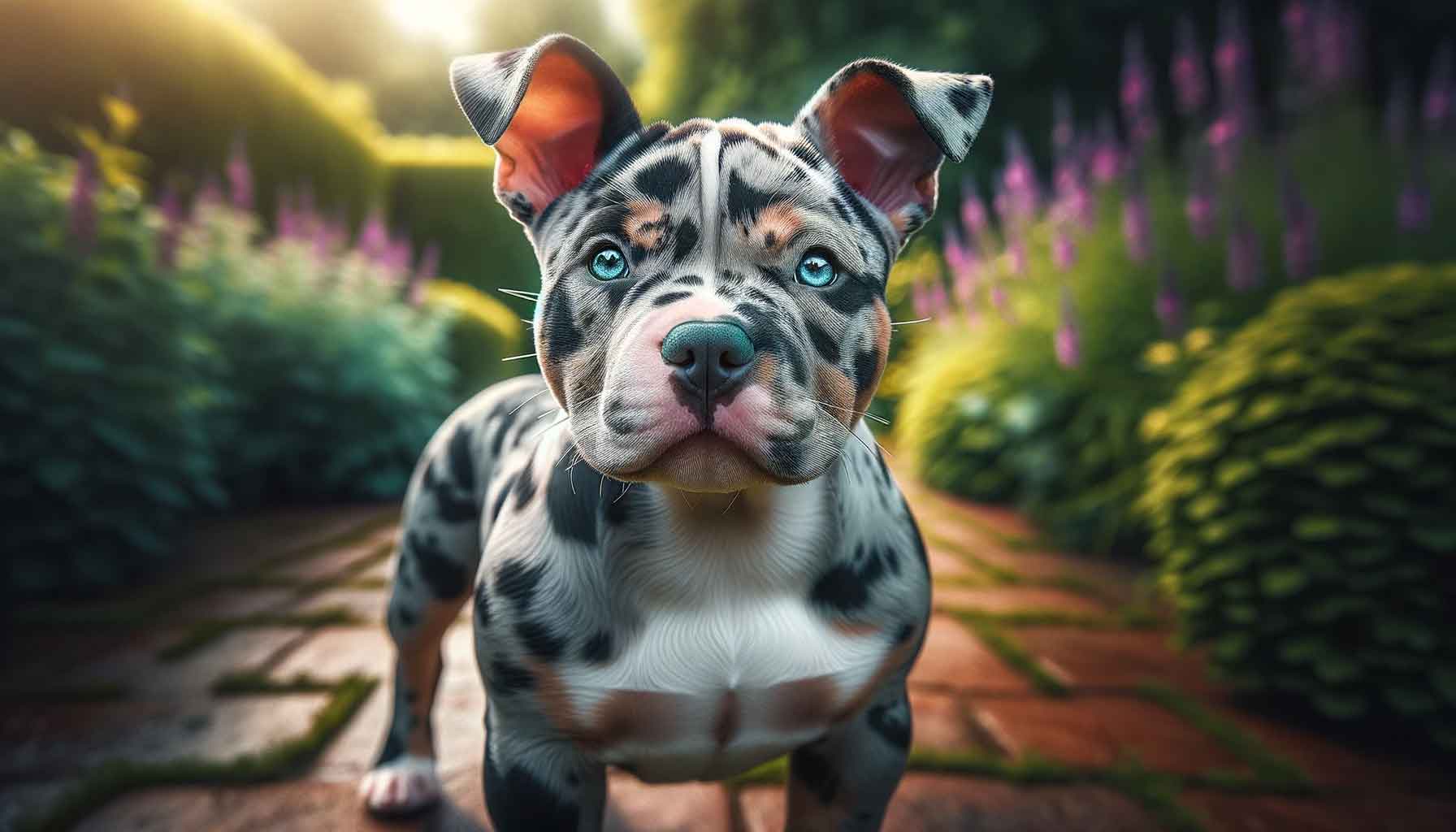 Merle Micro Bully with patches of varying colors in its coat, standing outdoors in a green garden with one bright blue eye.