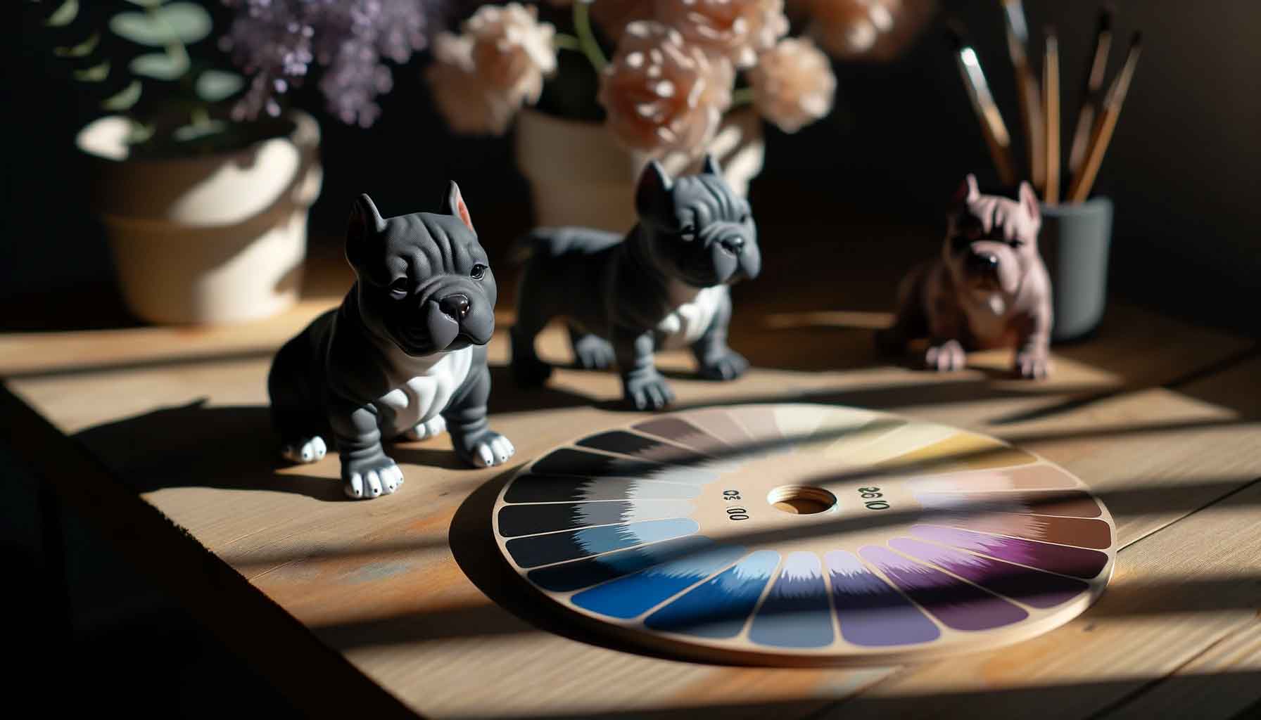 A palette showcasing the various coat colors of Micro Bullies, accompanied by a Micro Bully figurine, illuminated by natural sunlight on a wooden table.