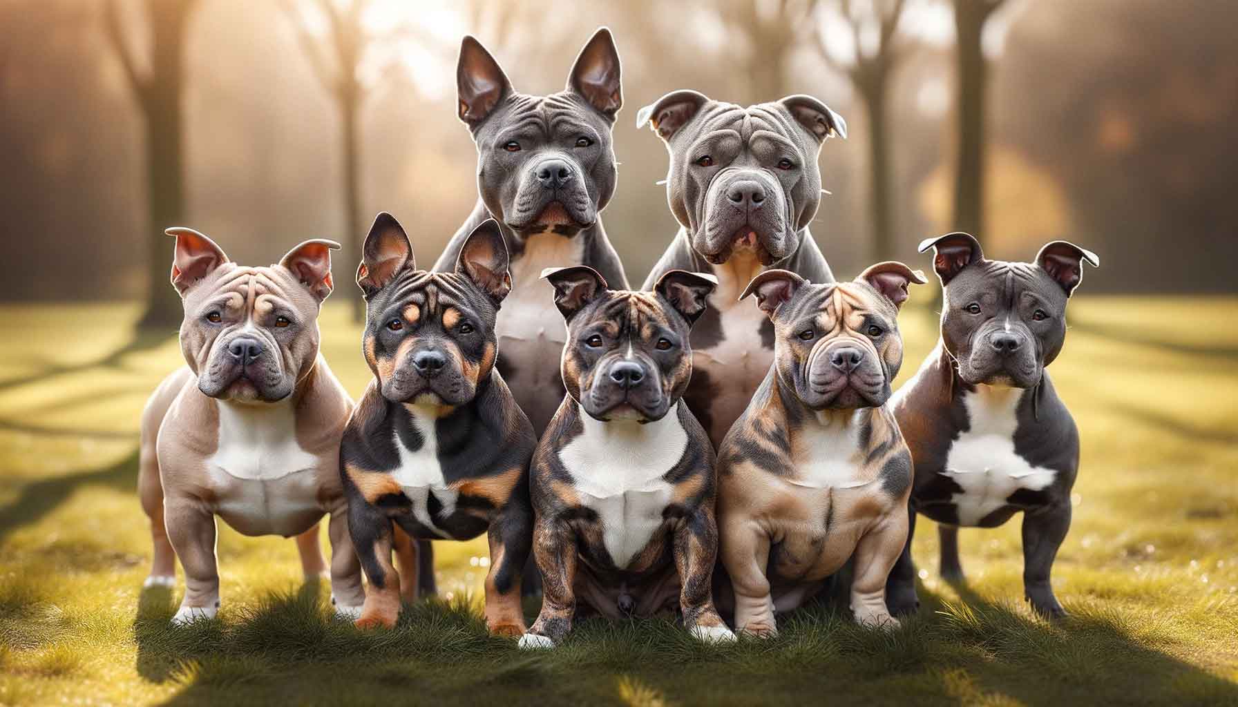 Diverse group of Micro Bully breeds posing together in an outdoor park, illuminated by soft sunlight.