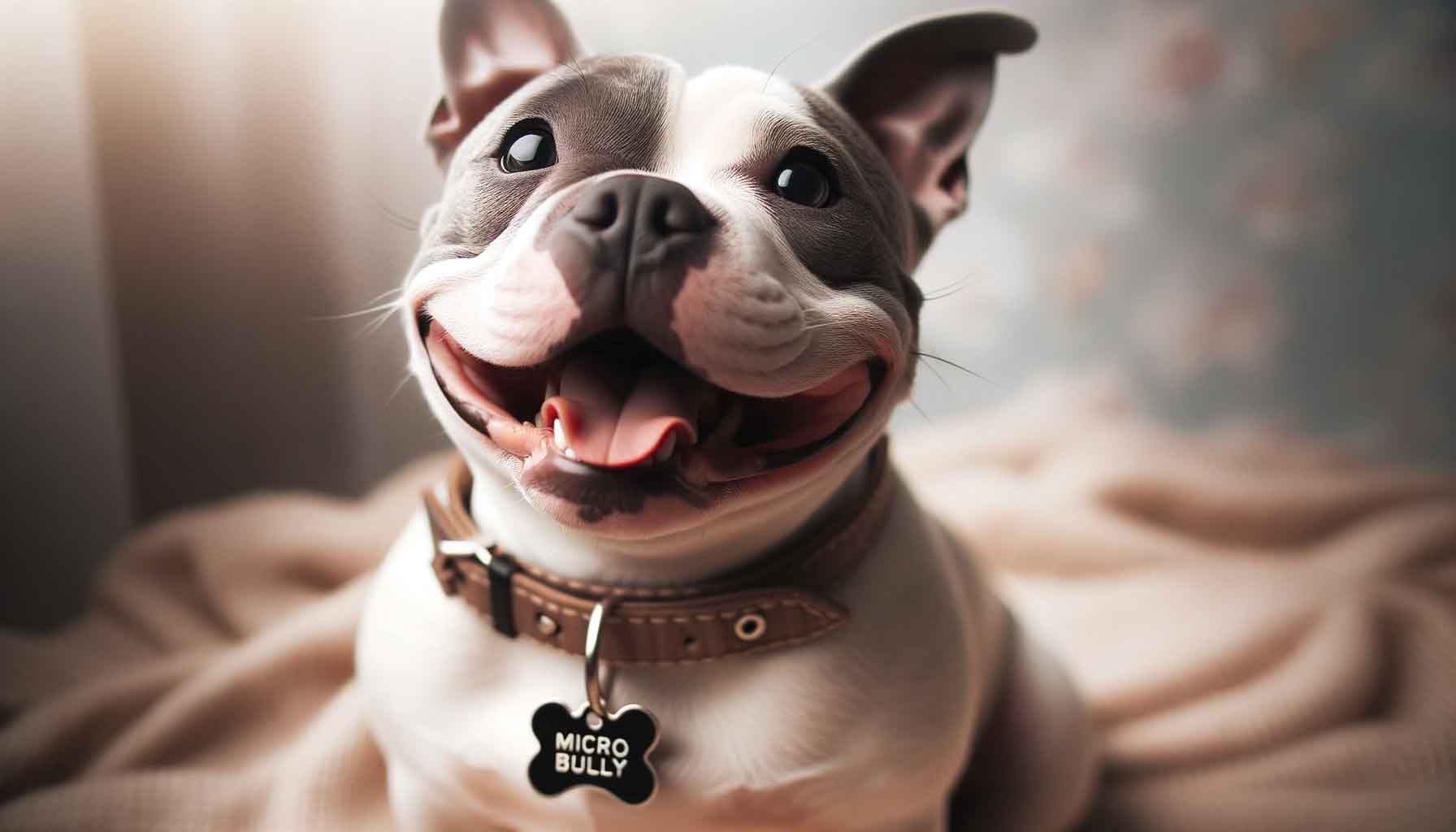 Happy Micro Bully with a shiny name tag on its collar, expressing sheer delight.