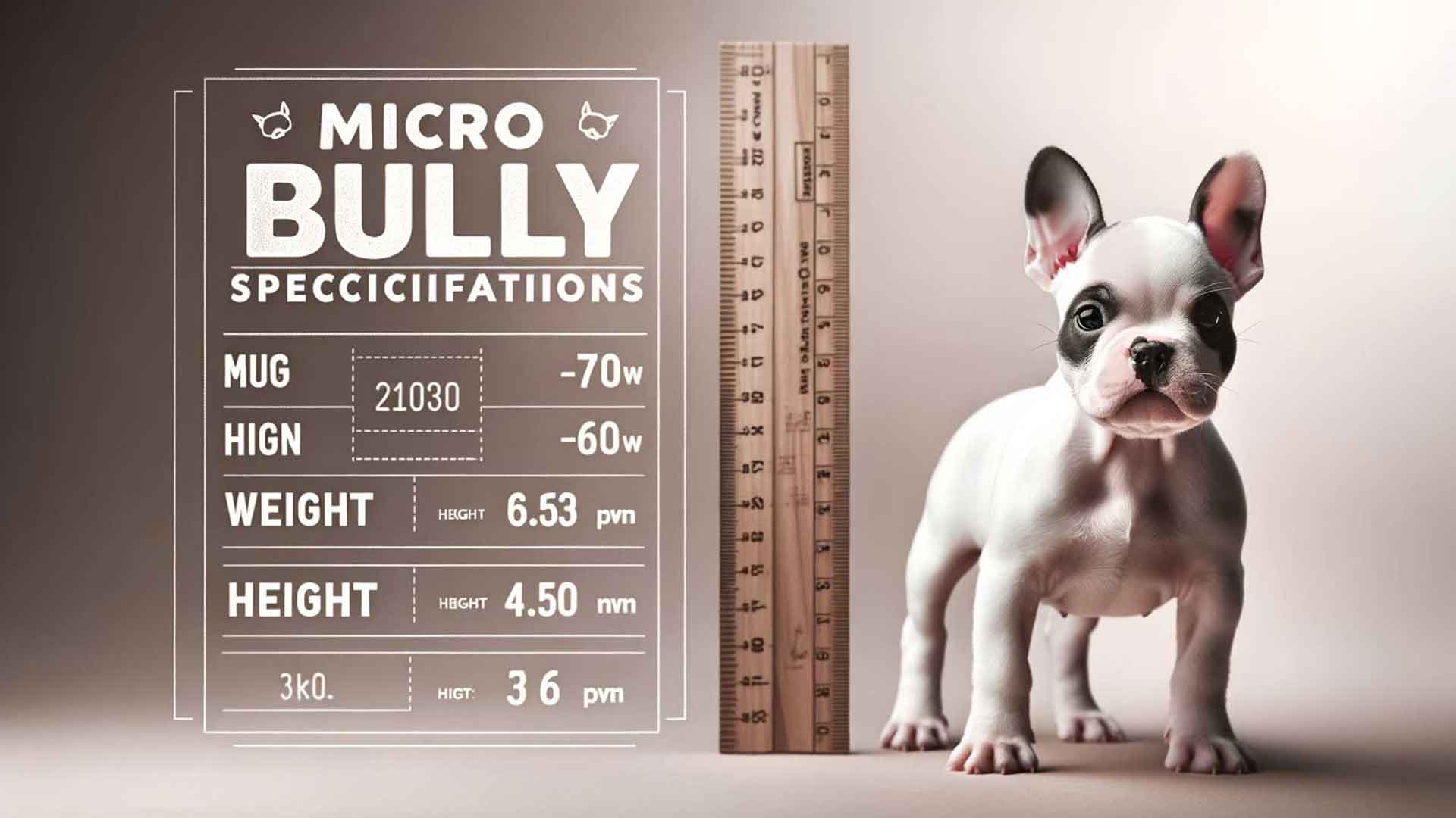 Illustration of a micro bully in side profile, standing next to a ruler that displays its height and size, with annotations in both inches and centimeters against a light blue background.