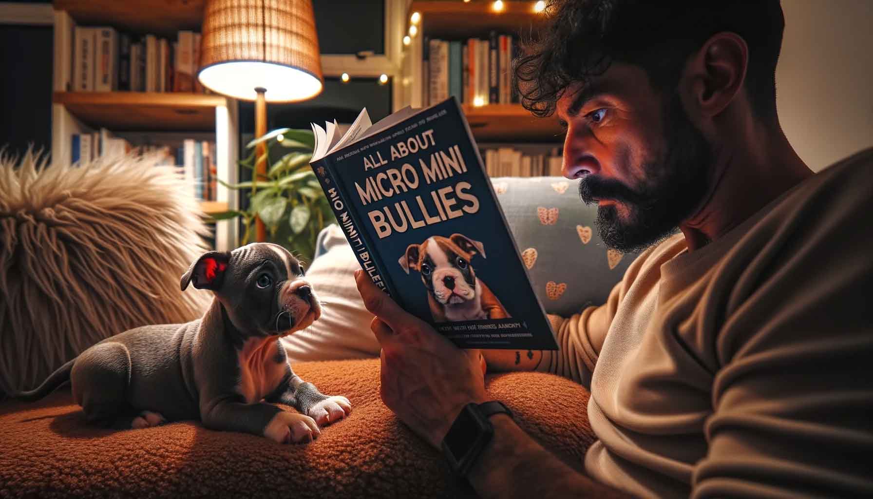 An individual engrossed in a book titled 'All About Micro Mini Bullies', with a curious micro mini bully peering at the book in a cozy living room setting.