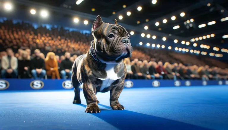 Brindle Micro Bully standing out on a blue runway during a dog show with a blurred audience in the background.