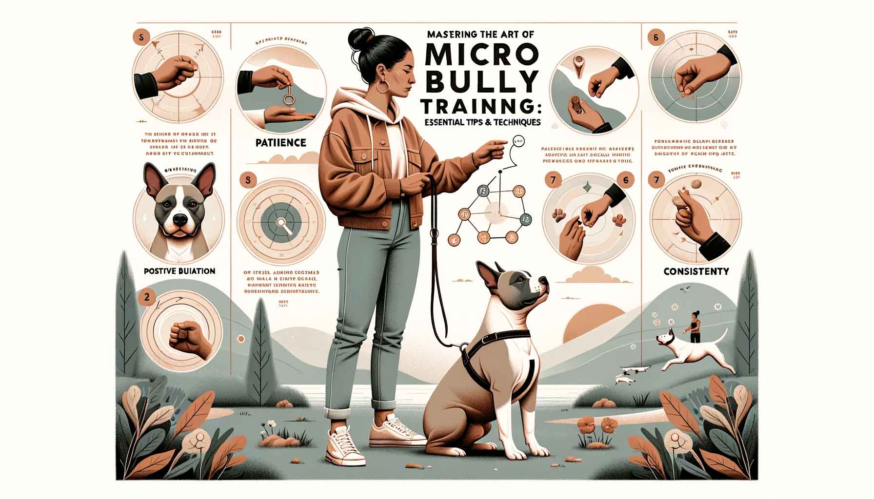 A Micro Bully engaging with a training clicker and harness, with a diverse female trainer in the backdrop offering a treat. The background is soft and muted, with infographics highlighting key training concepts. The blog title is prominently displayed at the top.