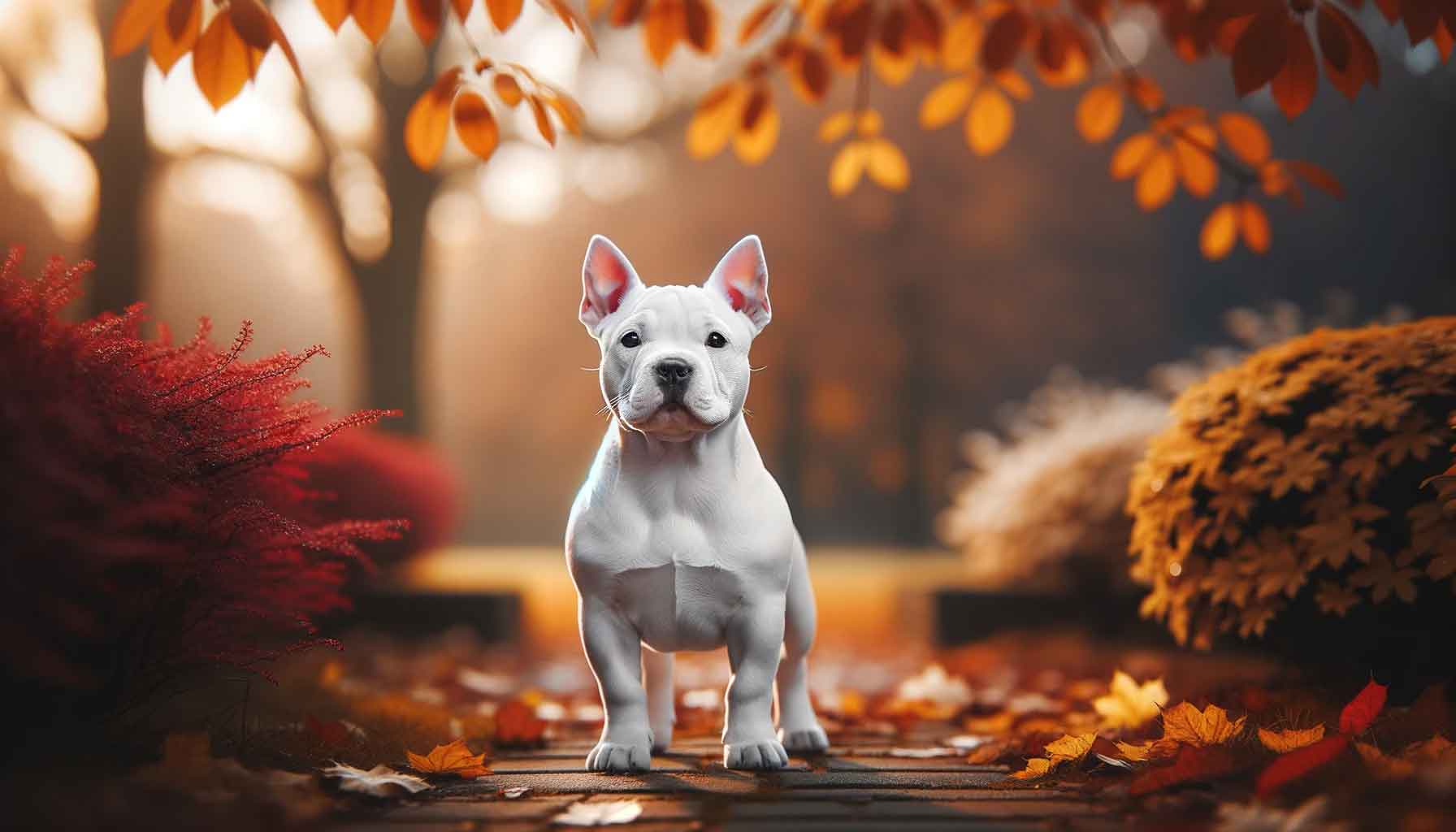 White Micro Bully standing outdoors surrounded by vibrant autumn leaves, its pristine coat offering a stark contrast to the warm tones.