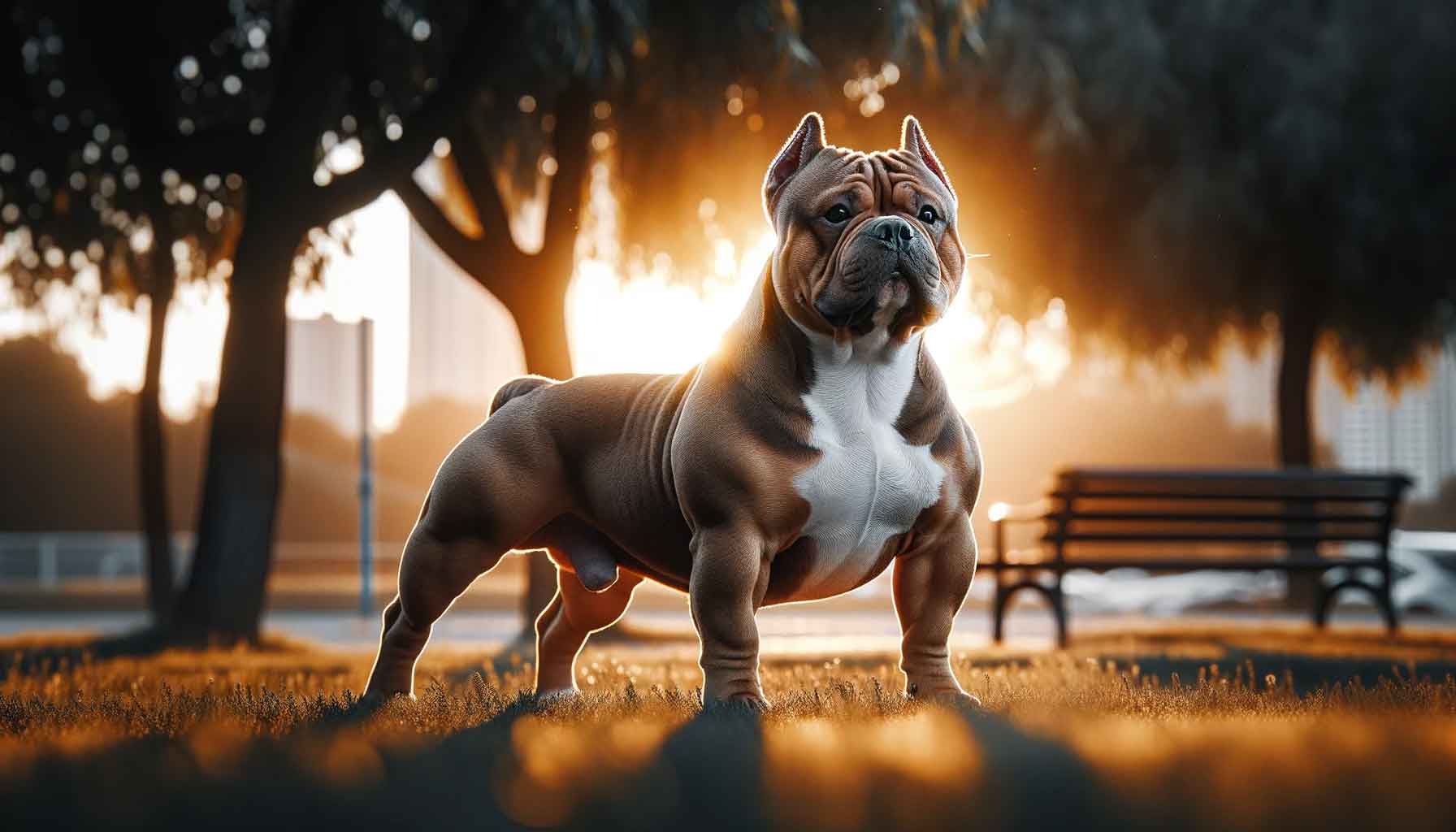 XL micro bully dog standing confidently in an outdoor park, illuminated by the golden light of a setting sun.