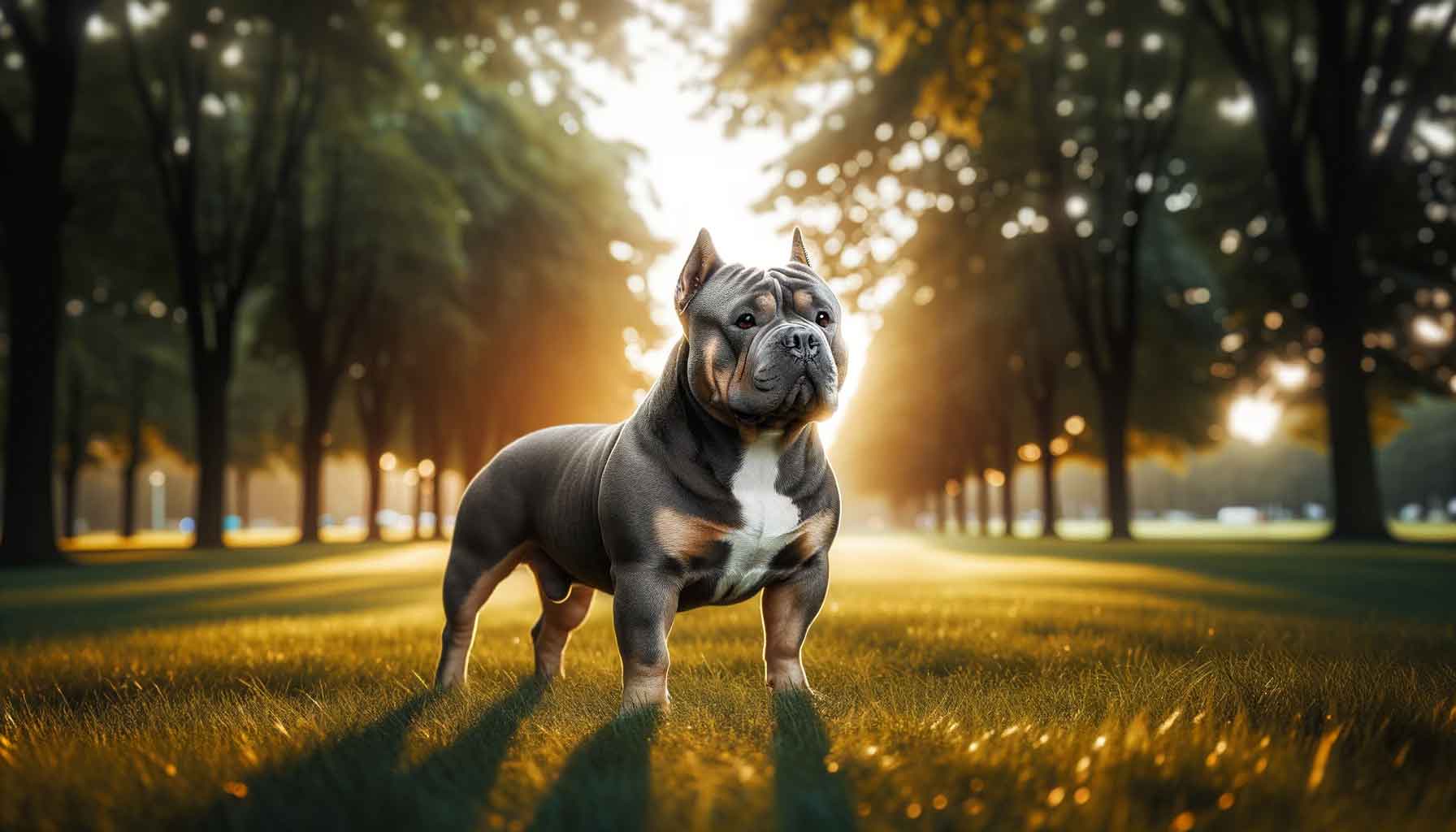 Well-groomed XXL Micro Bully standing in a green park during the golden hour, showcasing strength and loyalty.