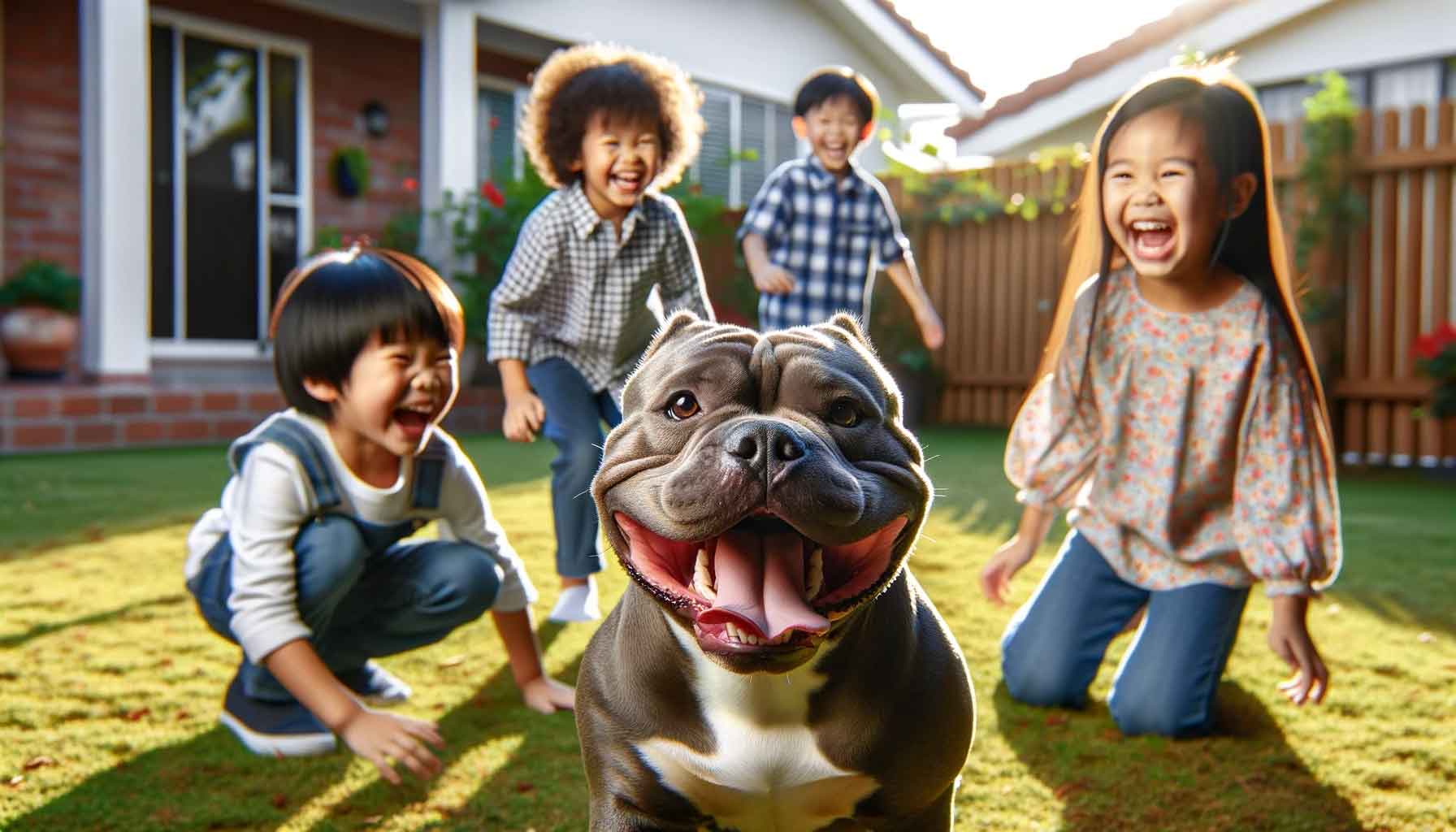 Smiling Super Micro Bully happily playing with children in a sunny backyard, showcasing its affectionate nature.