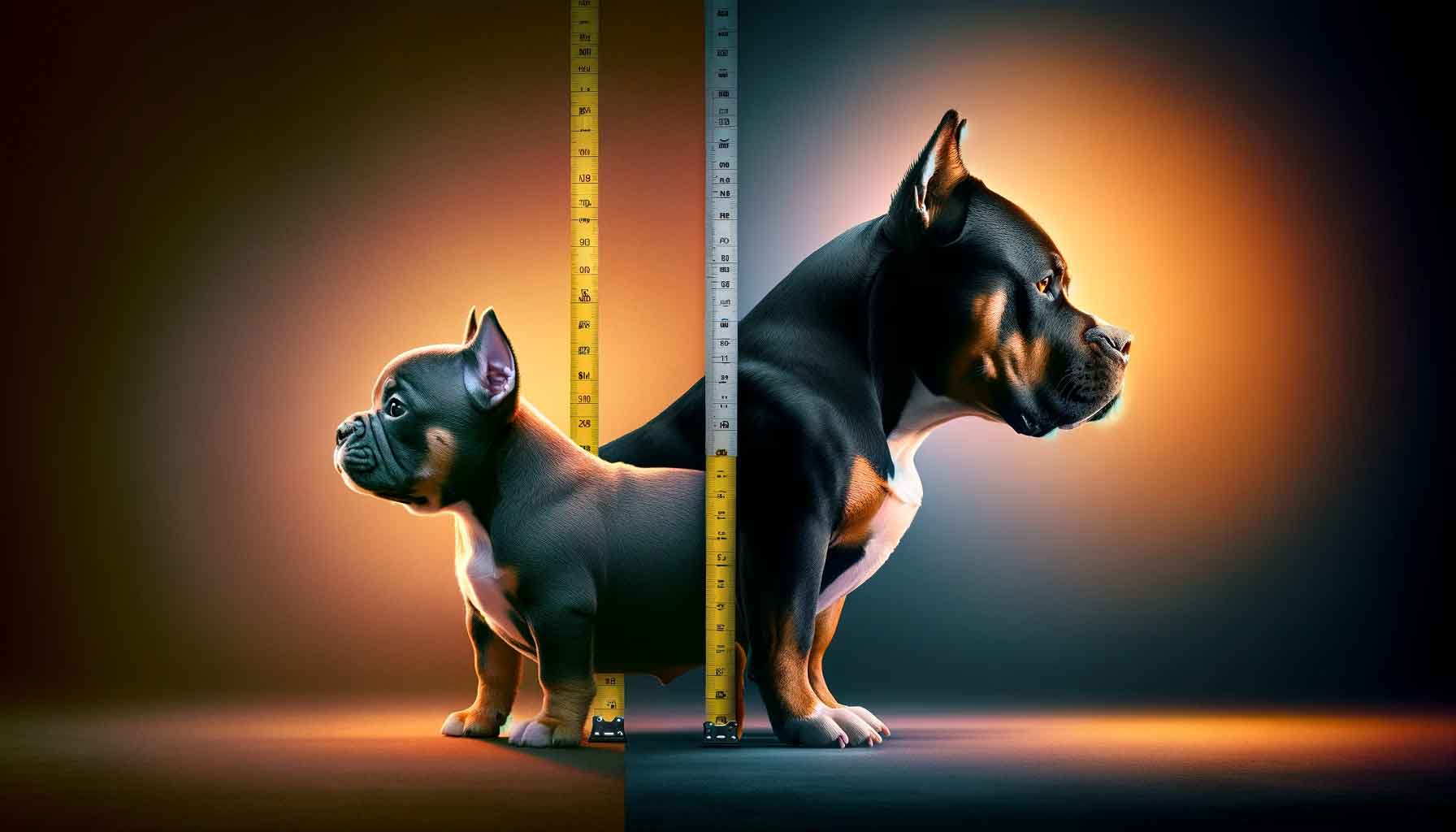 A composite photograph displaying an American Bully vs Micro Bully in profile, with a measuring tape highlighting the height difference. The background's gradient from warm to cool tones symbolizes their common ancestry but different breed standards, contrasting their physical stature.