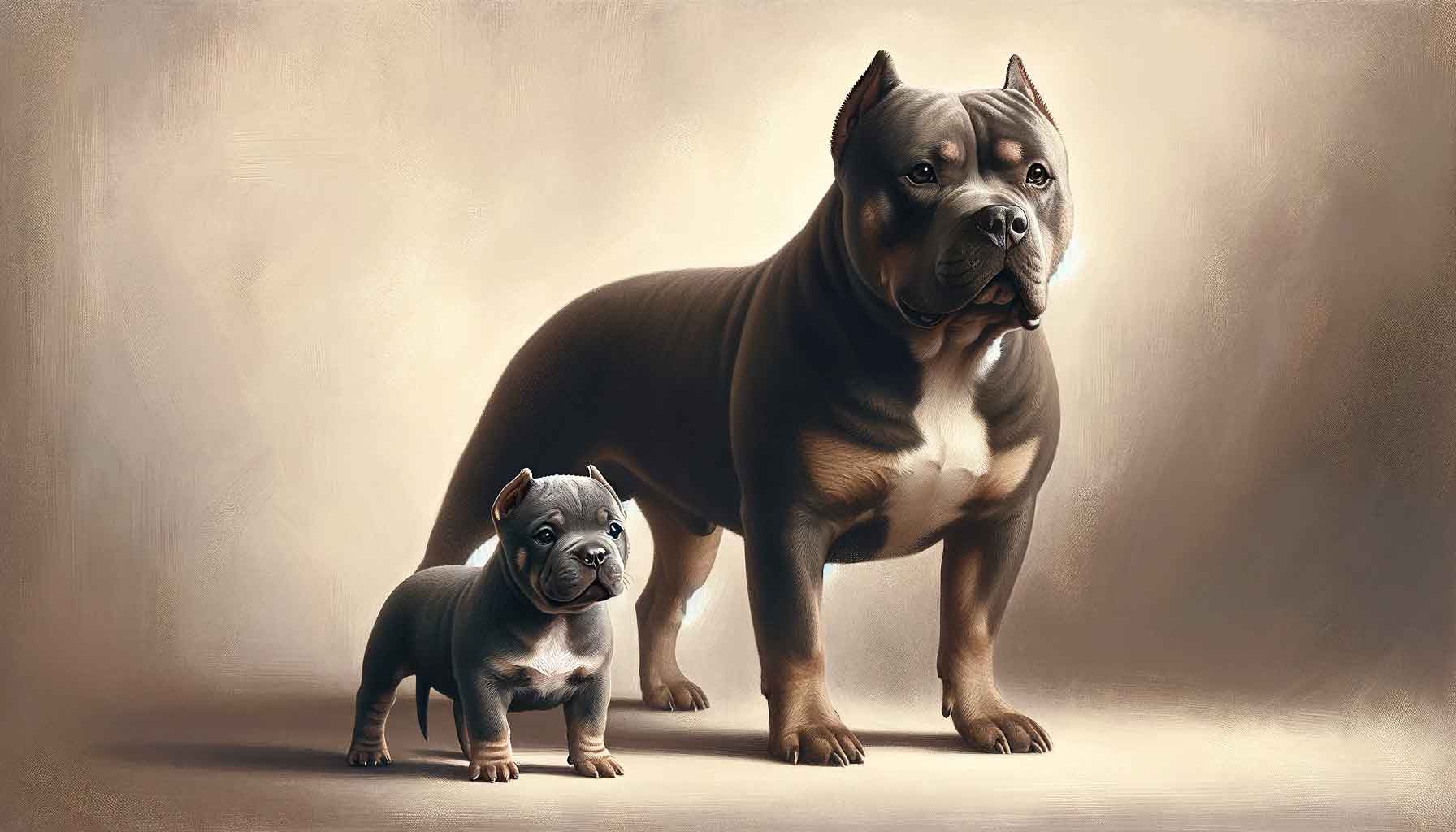 A digital painting depicting a robust American Bully standing protectively next to a petite Micro Bully. Both dogs display unique physical traits but exhibit a clear familial resemblance.