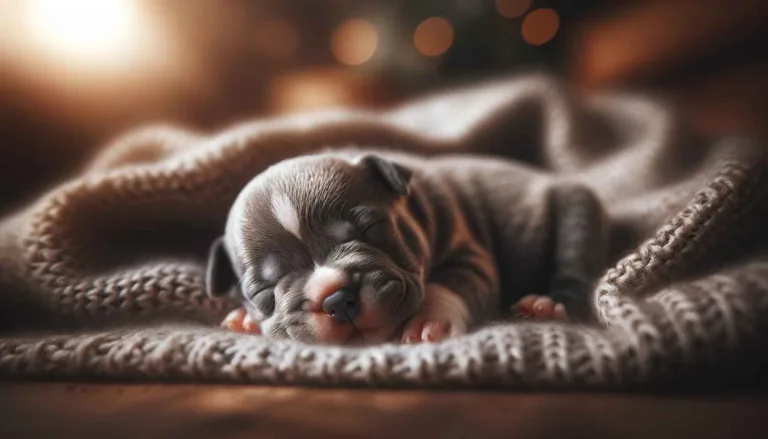 A photograph of a newborn Micro bully puppy, tiny and curled up with soft fur and a peaceful expression, lying on a cozy blanket. The image captures the vulnerability and innocence of the puppy, asleep in a warm indoor setting with soft lighting.