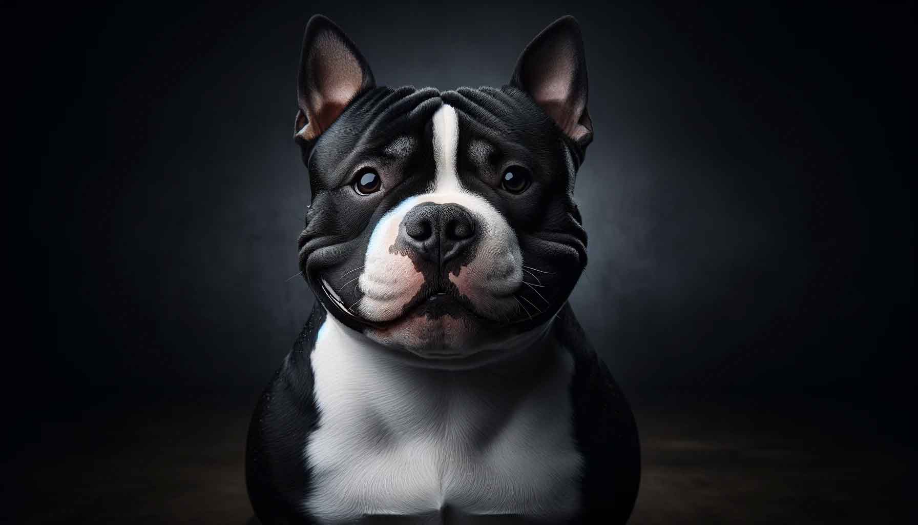A black and white Micro Bully with a prominent white chest spot, captured in a studio setting with a dark background highlighting its features.