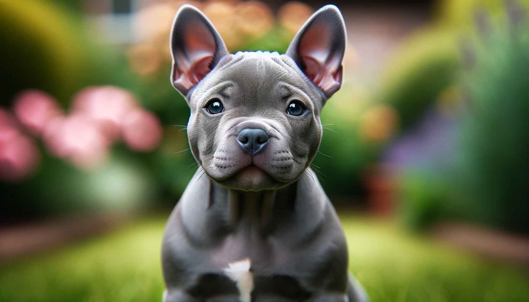 A close-up photograph of a blue fawn micro bully dog, highlighting the unique silver grey coat that often appears blue. The dog's compact, muscular body and short, smooth fur are clear, with a gentle expression on its face.