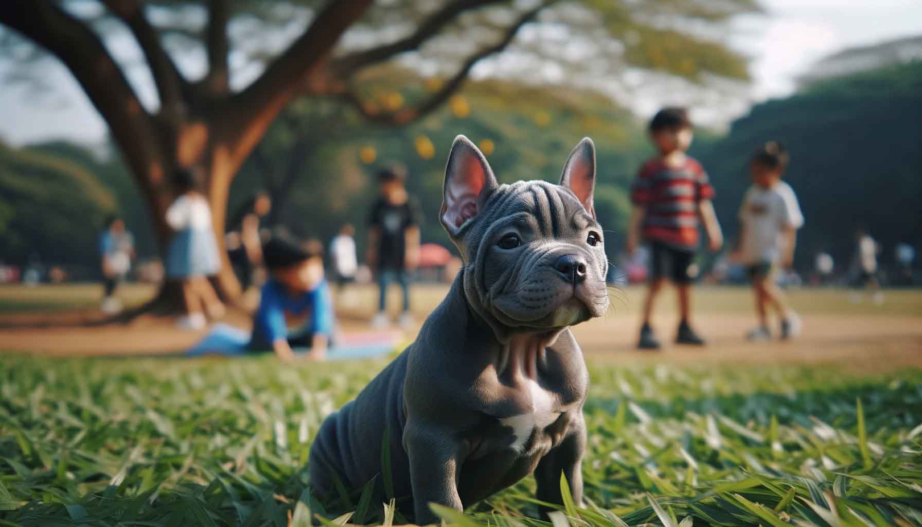 A Blue Micro Bully standing in a grassy park, with sunlit fur, as children play in the background.