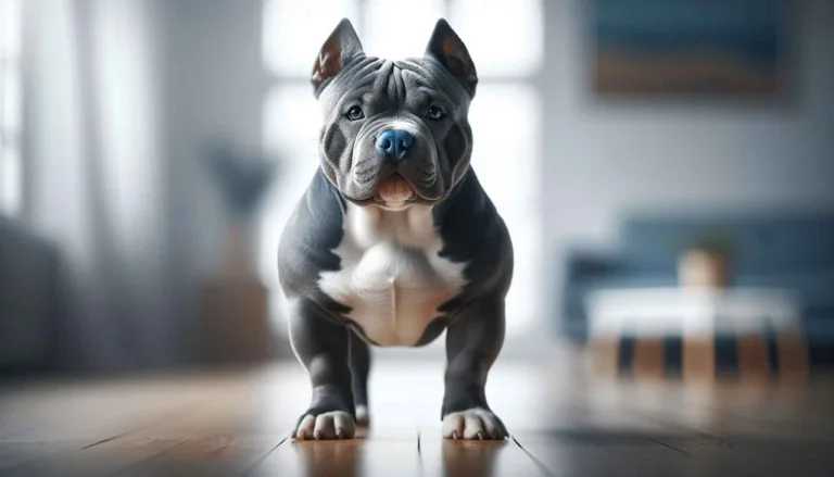 A blue nose micro bully dog with a muscular build and glossy blue-grey coat stands in a minimalist room, under natural light.