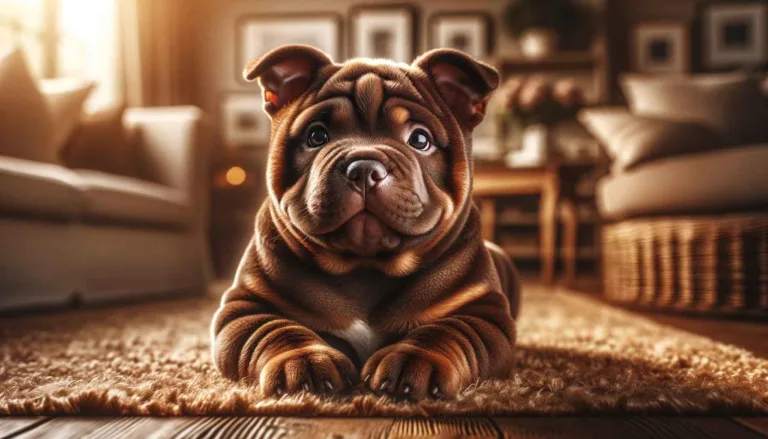 A brown Micro Bully dog resembling a teddy bear sits contentedly on a rug in a family home environment, illuminated by soft ambient lighting that creates a welcoming atmosphere.