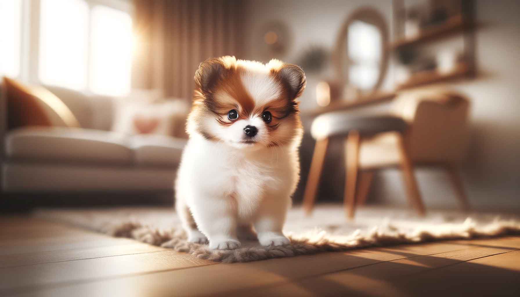 A photograph of a Pomeranian Micro Bully mix puppy, small in stature with a larger head, featuring a short, thick double-layered white coat with brown patches. The puppy appears playful and curious in a cozy apartment setting, with soft natural light enhancing the unique colors of its coat.