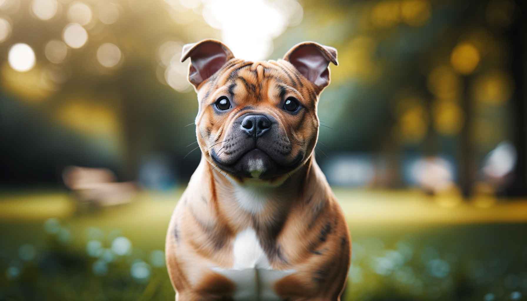 A fawn micro bully dog with reddish-brown to pale cream coat, black snout, and 'mascara' around the eyes, standing in a serene park illuminated by soft daylight.