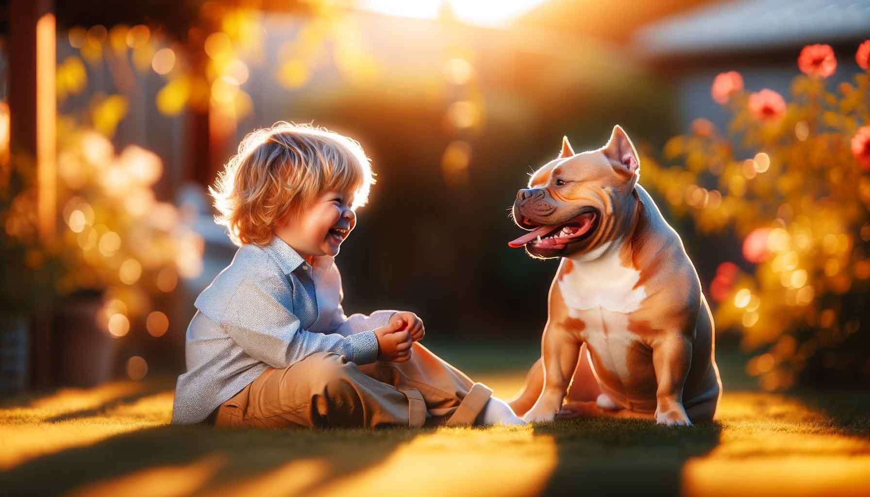 Champagne Micro Bully showing gentle behavior with a laughing child in a sunny backyard.