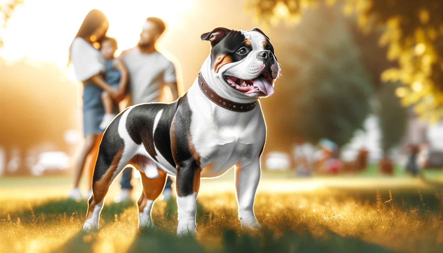 A tri-color American Bully stands in a sunlit park, its glossy white, black, and tan coat shining in the sunlight, with a family playing in the background, underscoring the dog's role as a beloved family pet.
