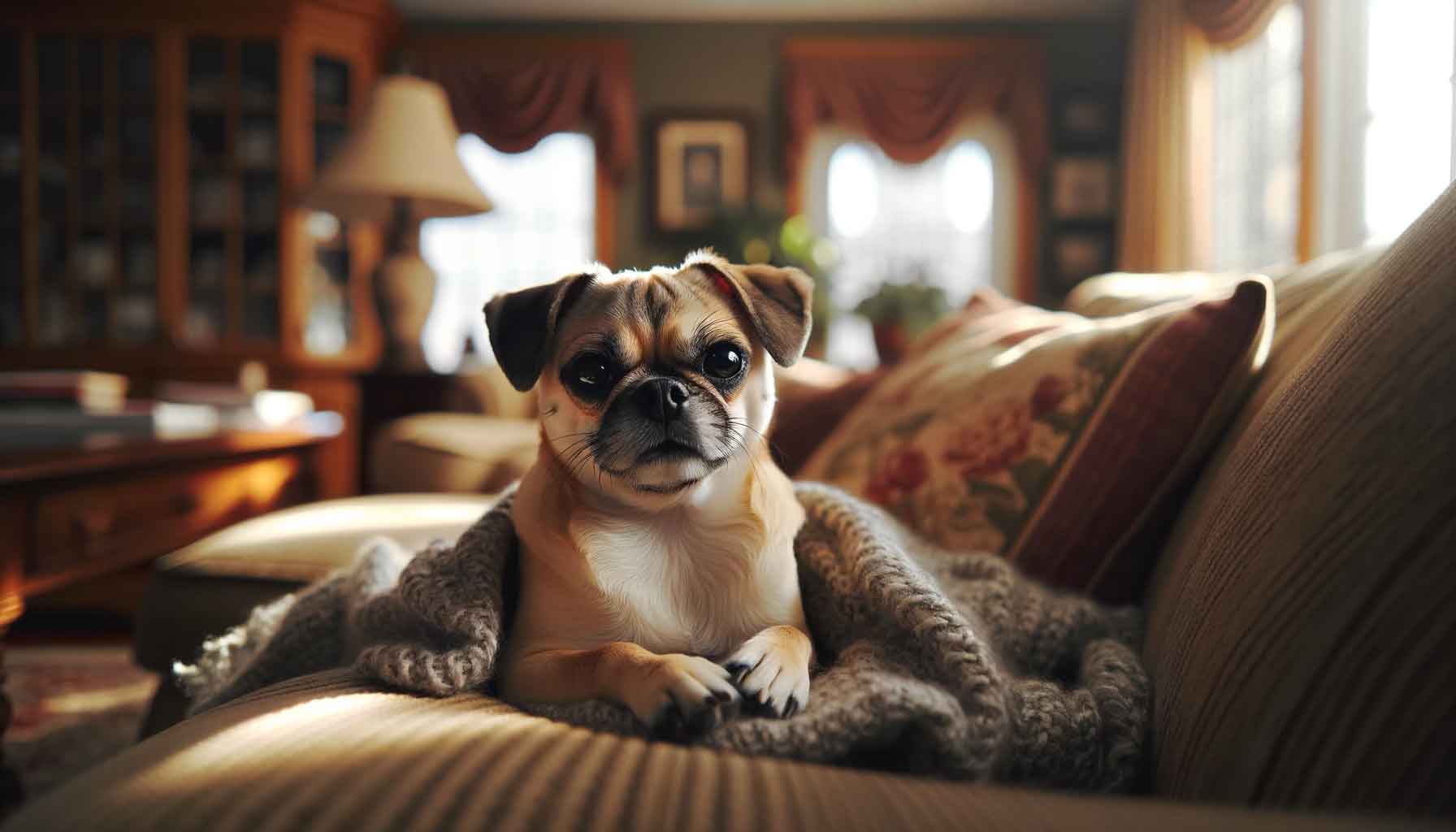 Photograph of a small, playful Micro Bully Pug Mix dog comfortably nestled in a family living room. The dog's cream and tan coat is highlighted by sunlight streaming through a nearby window. The room features soft-colored furniture, adding to the warm, welcoming atmosphere.