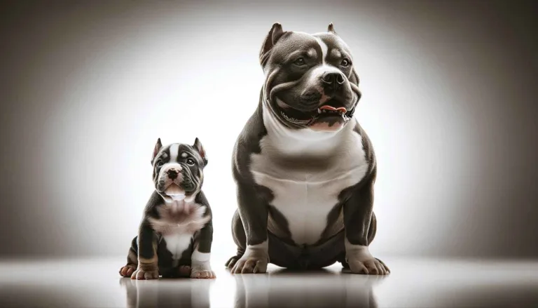 A photograph capturing a Micro Bully puppy and an XL Bully adult sitting side by side, highlighting their size difference. The image focuses on their expressive faces and strong builds against a simple, unobtrusive background. Bright and even lighting enhances their physical features.