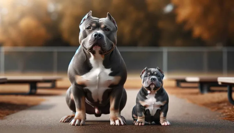 A photograph of two American bullies, a micro bully vs standard bully, side by side in a park. The micro bully is significantly smaller and more compact, while the standard bully is larger, both displaying friendly demeanors. The neutral park setting emphasizes their size disparity.