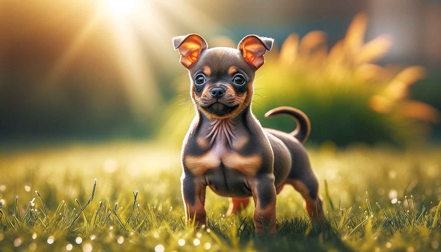 A photograph of a playful and tiny Micro Bully Chihuahua mix puppy, standing in a sunlit grassy field. The puppy's muscular yet slender body and coat, gleaming with a mix of its parents' colors, reflects its energetic and friendly nature. The grassy field under the sunlight emphasizes the puppy's vibrant and lively personality.