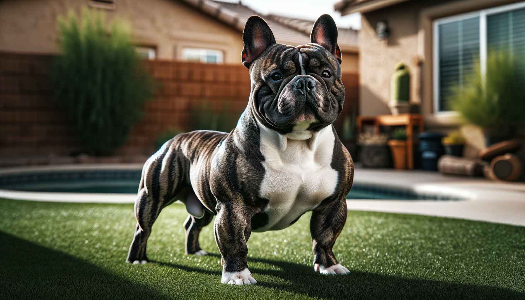 Photograph of a muscular micro bully and French bulldog mix with a brindle and white coat, standing in a well-kept backyard with manicured grass and decorative plants, under soft afternoon sunlight.