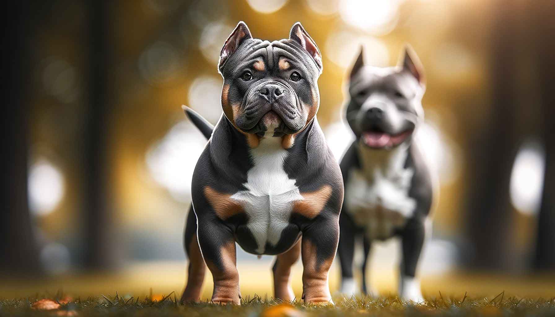 A photograph of a Micro Bully vs Pitbull side by side in a park. The Micro Bully, compact and muscular, stands in the foreground, while the taller and athletic Pitbull Terrier is in the soft-focus background, illustrating their size contrast and build differences.
