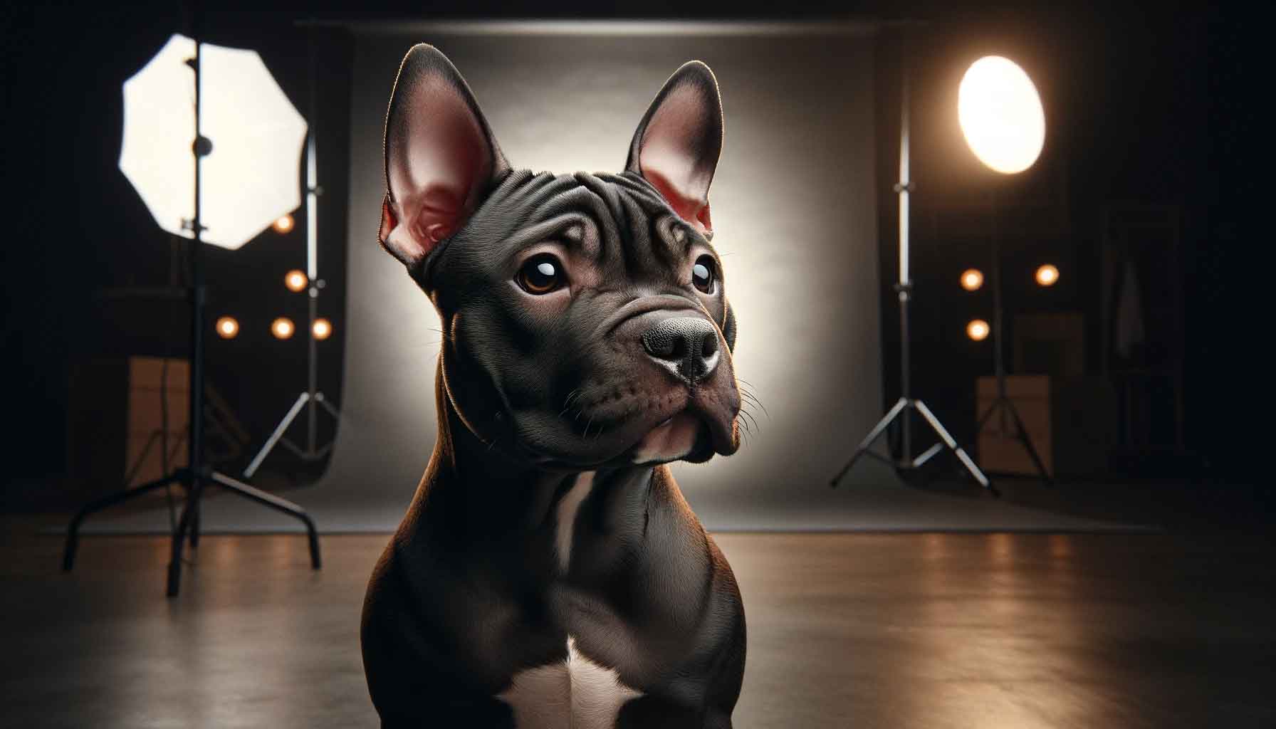 A photograph of a micro bully with cropped ears, sitting in a professional studio setting. The cropped ears lend the dog a sharp, attentive appearance, further enhanced by the studio's sophisticated lighting.
