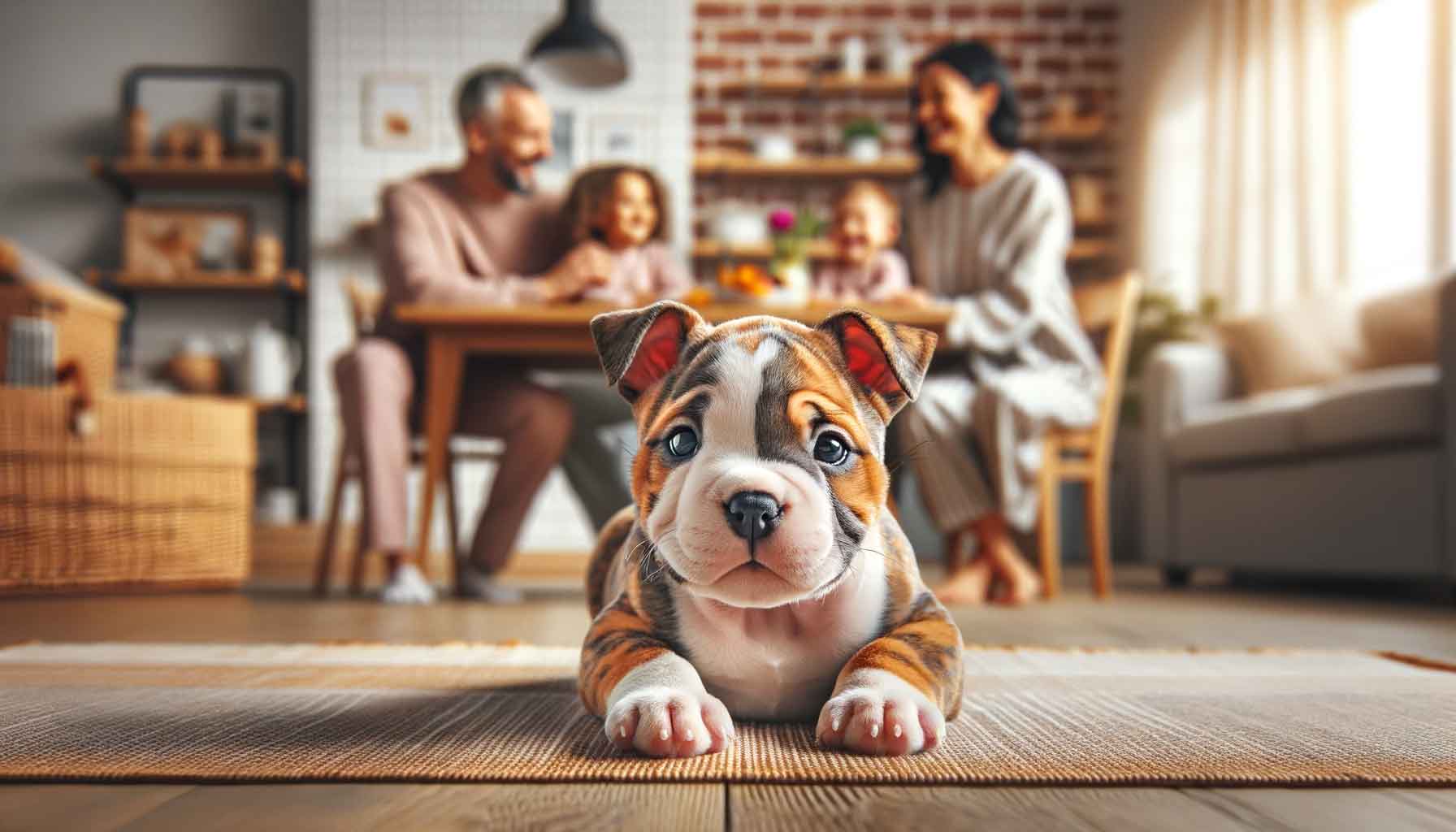 A photograph of a Micro bully x english bulldog in a family home setting, displaying a variety of coat colors. The puppy appears playful and healthy, showcasing its small size and friendly demeanor.