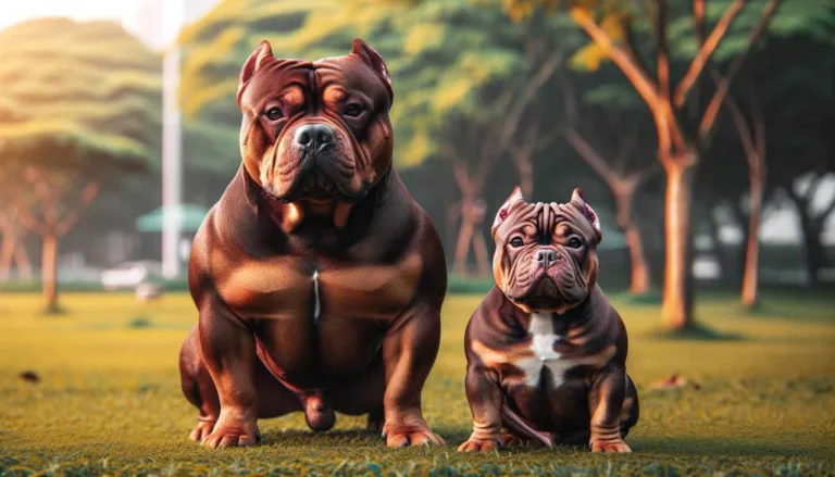 A photograph of two American bullies, a micro bully vs XL bully, side by side in a park. The micro bully is small and compact with distinct muscle definition, while the XL bully stands tall with a muscular build and broad chest. Both dogs exhibit friendly demeanors, their glossy coats catching soft afternoon light against a green grass and tree backdrop.