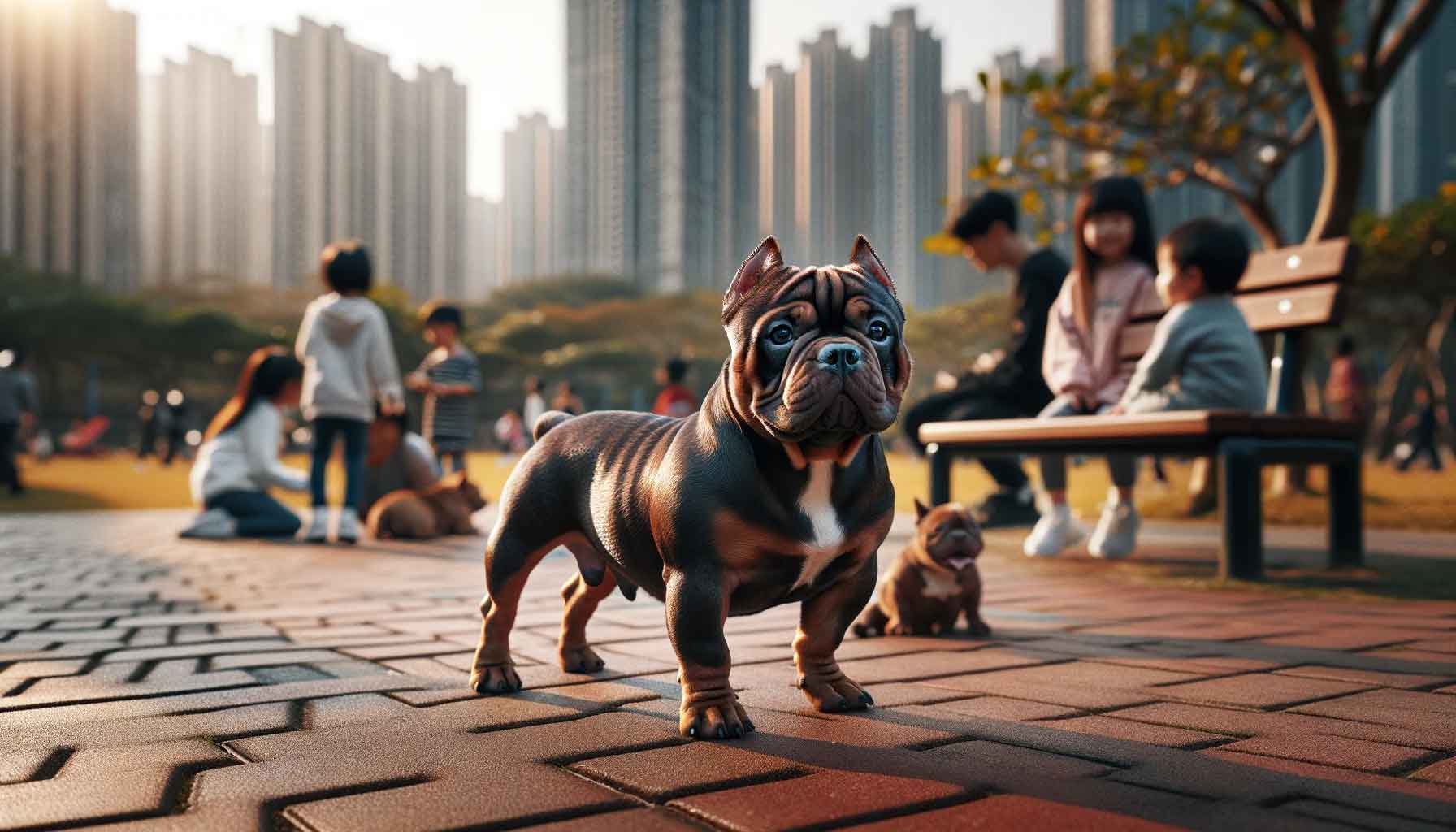 A Nano Micro Bully dog with a glossy brown and black coat standing proudly in an urban park, with children and families in the background, highlighted by the late afternoon sun.