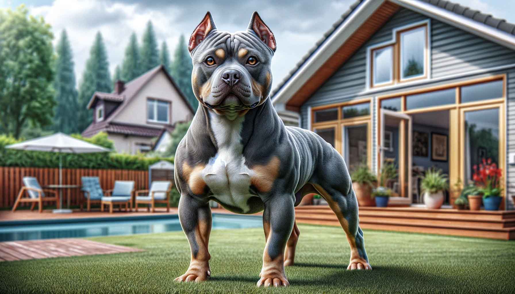 A digital painting of a robust and alert micro pit bully standing proudly in a family backyard. The dog's muscular build and unique grey and tan coat colors are prominent, with its attentive eyes conveying intelligence and loyalty.