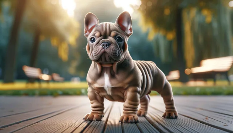 A small Toadline Micro Bully dog with a deep chest and pronounced muscles stands on short legs in a sunlit park, illustrating the breed's unique build and compact size.