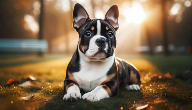 A chocolate micro bully with a tri-color coat of chocolate, black, and white patches relaxing in a park, bathed in the soft glow of the golden hour sunlight.