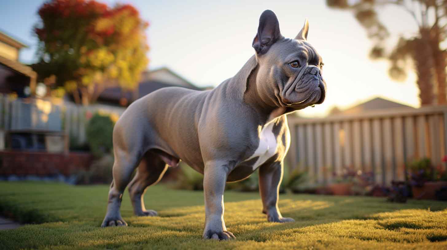 A photograph of a grey micro bully, standing confidently with its muscular build highlighted, against a blurred suburban backyard.